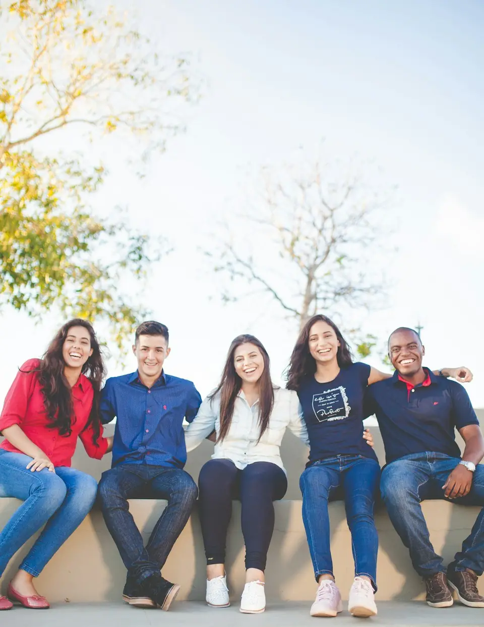 Five smiling young people sitting together on a low wall outdoors